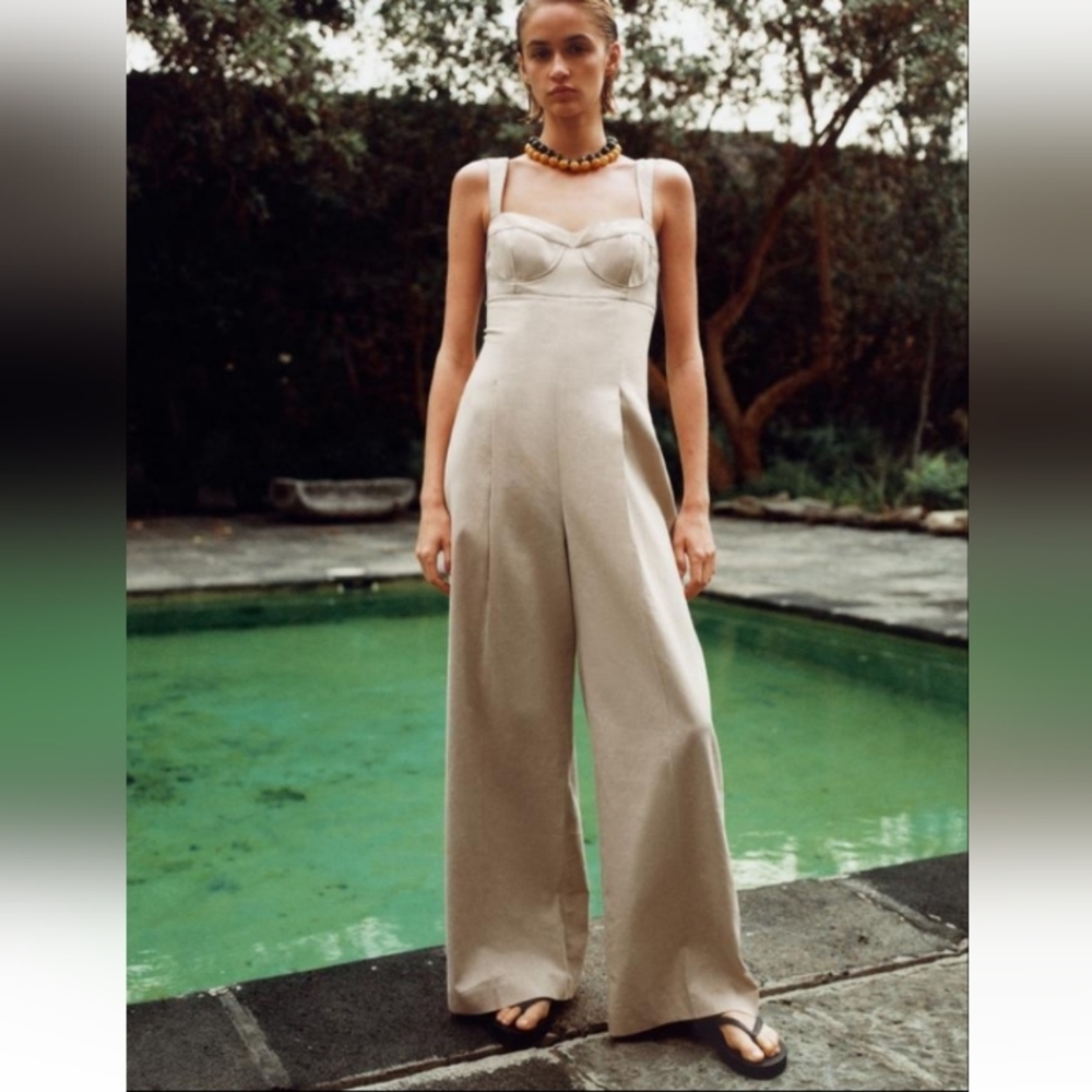 Zara Contrast Topstiching Linen and Viscose fabric Blend Corset Jumpsuit Sz-M